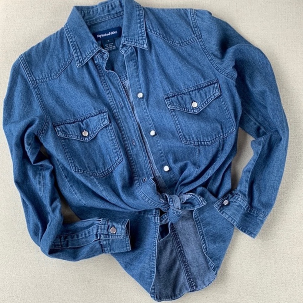 SALE❤️ Vintage MY WEEKEND CLOTHES Denim Chambray Pearl Western Button Down Shirt - Picture 8 of 9